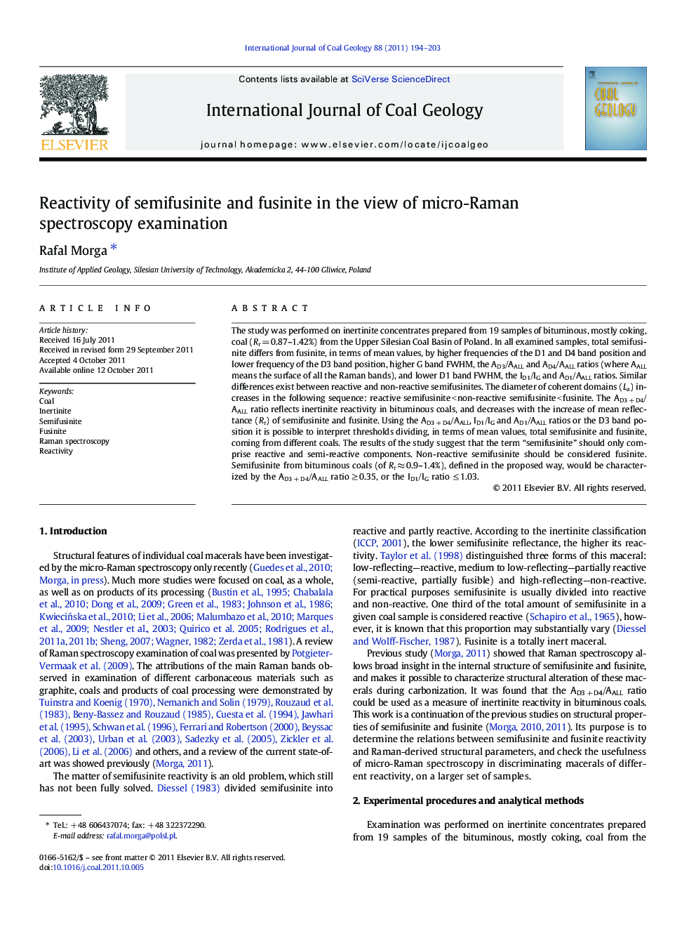 Reactivity of semifusinite and fusinite in the view of micro-Raman spectroscopy examination