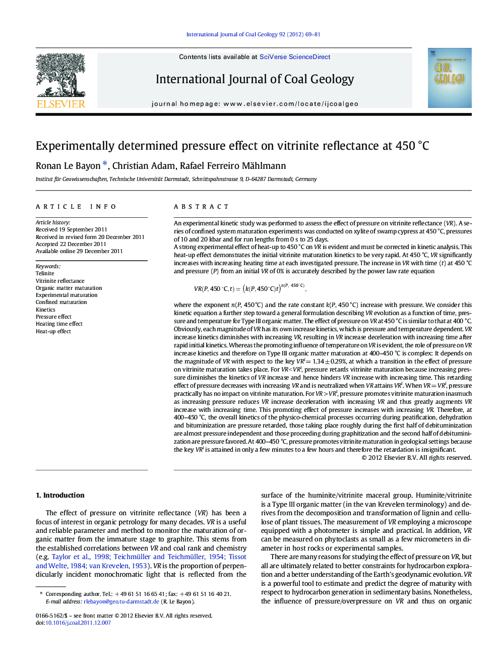 Experimentally determined pressure effect on vitrinite reflectance at 450Â Â°C