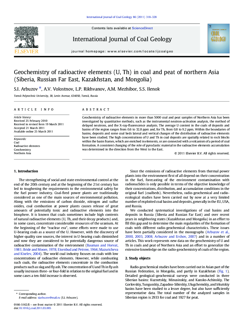 Geochemistry of radioactive elements (U, Th) in coal and peat of northern Asia (Siberia, Russian Far East, Kazakhstan, and Mongolia)