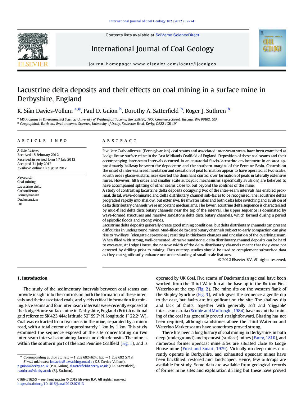 Lacustrine delta deposits and their effects on coal mining in a surface mine in Derbyshire, England