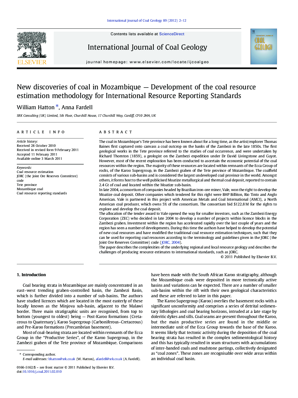 عکس صفحه اول مقاله: New discoveries of coal in Mozambique — Development of the coal resource estimation methodology for International Resource Reporting Standards New discoveries of coal in Mozambique — Development of the coal resource estimation methodology for International Resource Reporting Standards