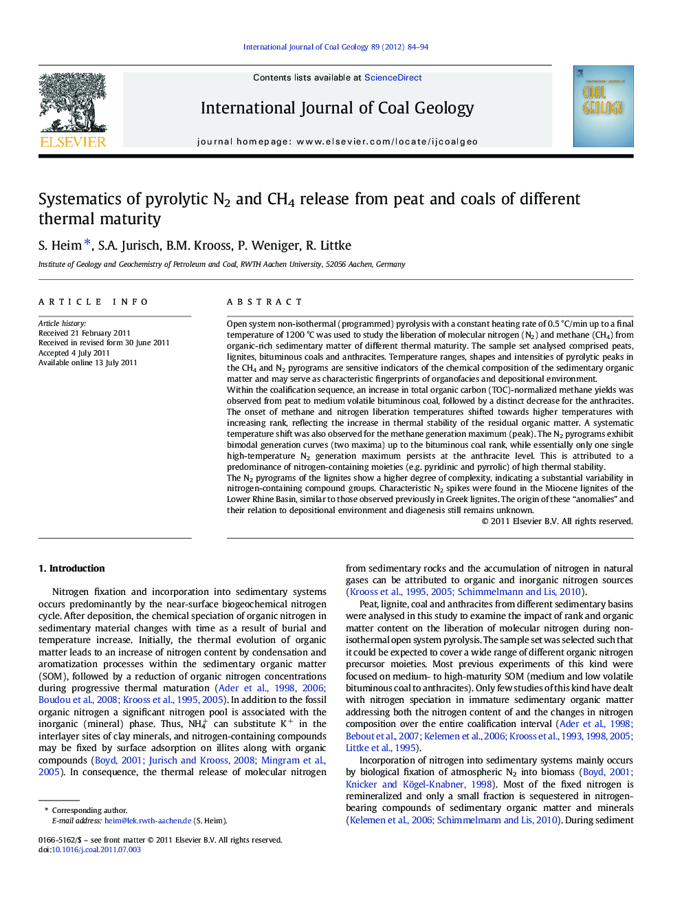عکس صفحه اول مقاله: Systematics of pyrolytic N2 and CH4 release from peat and coals of different thermal maturity Systematics of pyrolytic N2 and CH4 release from peat and coals of different thermal maturity