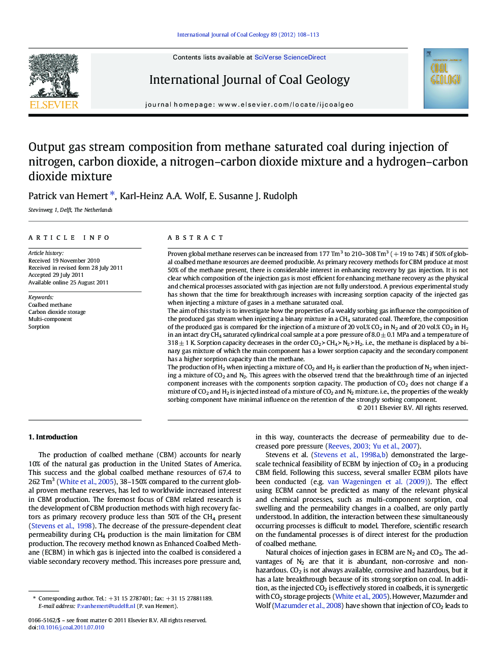 Output gas stream composition from methane saturated coal during injection of nitrogen, carbon dioxide, a nitrogen–carbon dioxide mixture and a hydrogen–carbon dioxide mixture