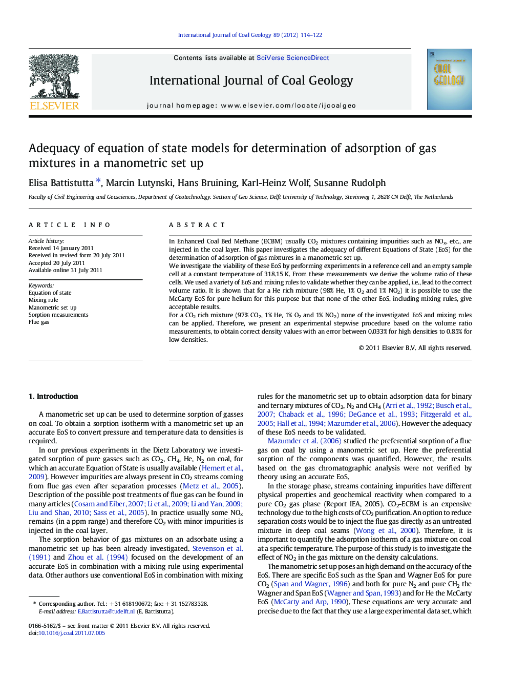 Adequacy of equation of state models for determination of adsorption of gas mixtures in a manometric set up