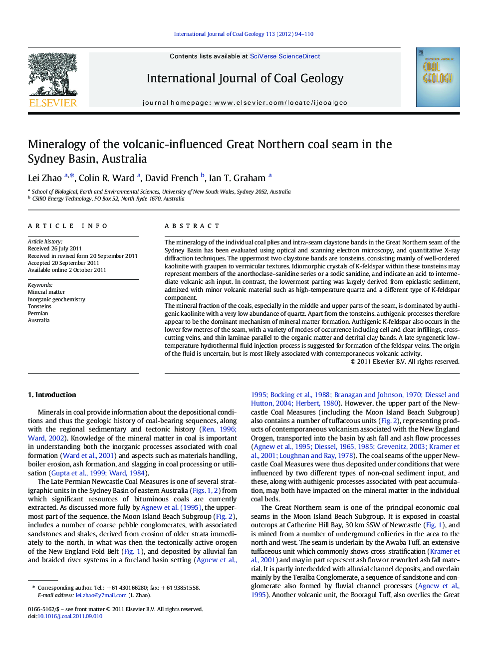 Mineralogy of the volcanic-influenced Great Northern coal seam in the Sydney Basin, Australia