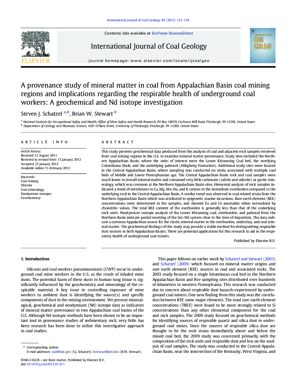 A provenance study of mineral matter in coal from Appalachian Basin coal mining regions and implications regarding the respirable health of underground coal workers: A geochemical and Nd isotope investigation