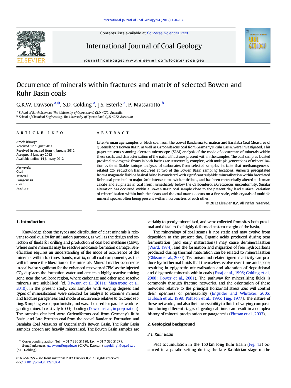 Occurrence of minerals within fractures and matrix of selected Bowen and Ruhr Basin coals