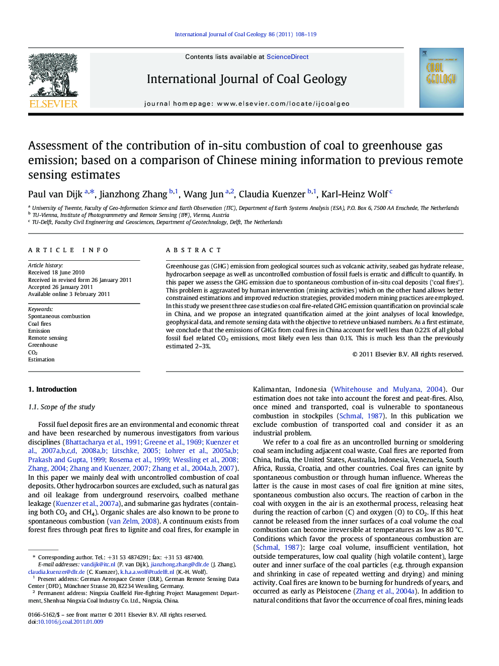 Assessment of the contribution of in-situ combustion of coal to greenhouse gas emission; based on a comparison of Chinese mining information to previous remote sensing estimates