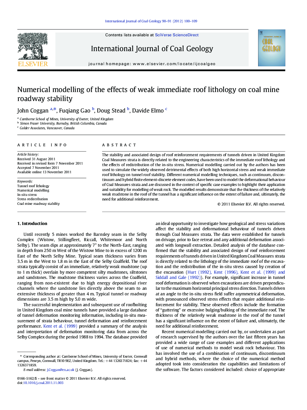 Numerical modelling of the effects of weak immediate roof lithology on coal mine roadway stability