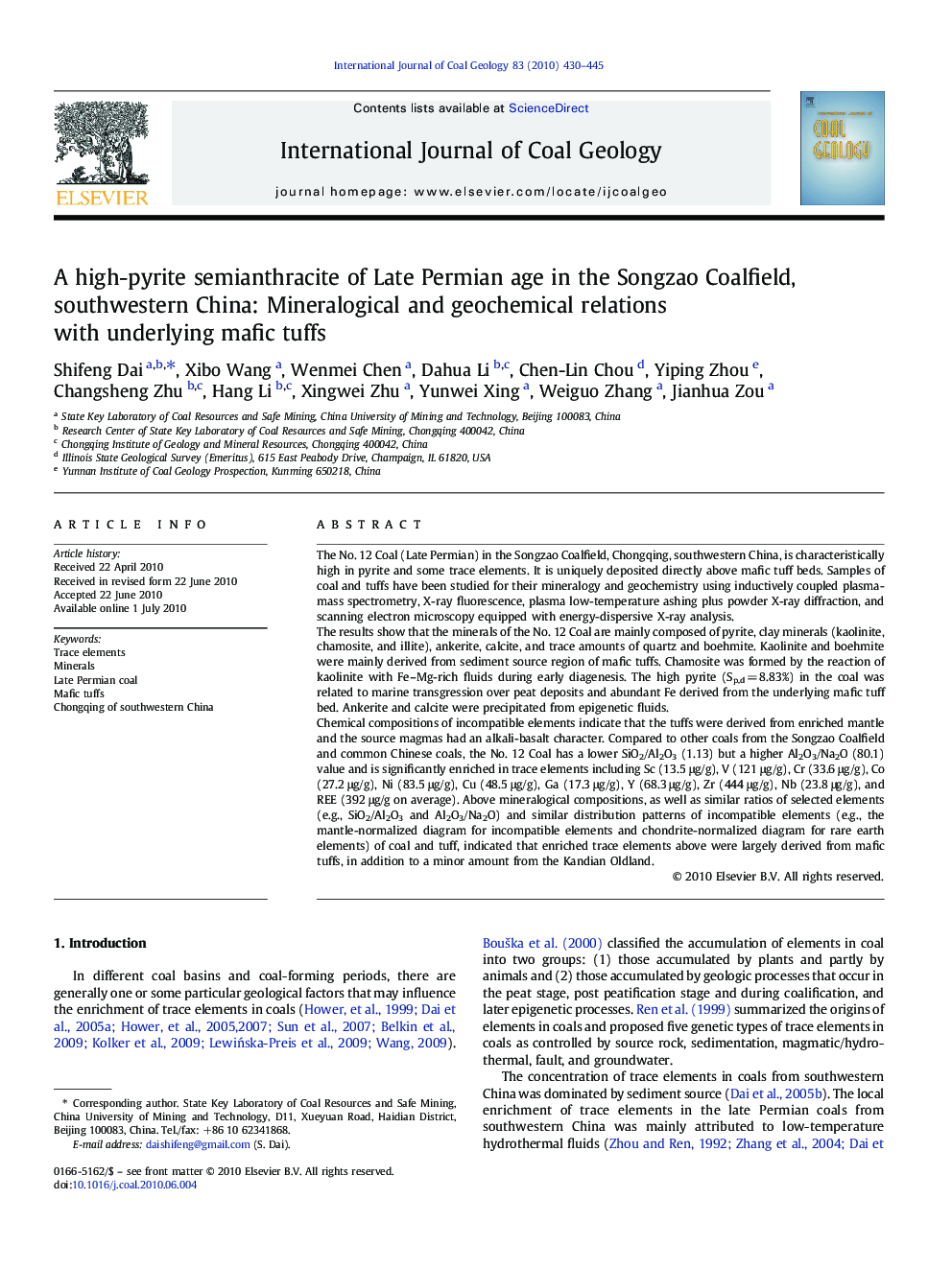 A high-pyrite semianthracite of Late Permian age in the Songzao Coalfield, southwestern China: Mineralogical and geochemical relations with underlying mafic tuffs