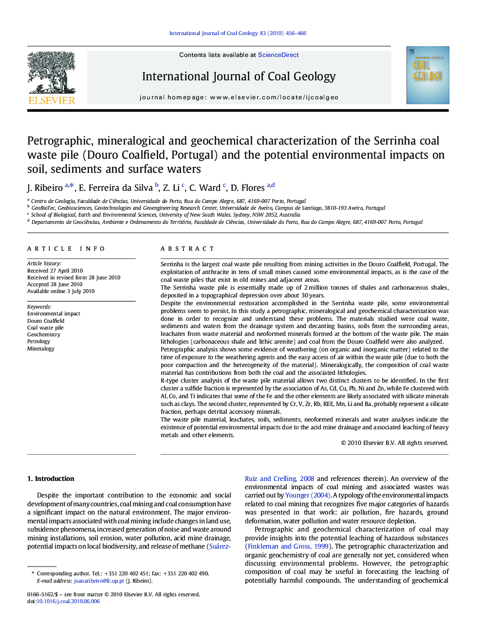 Petrographic, mineralogical and geochemical characterization of the Serrinha coal waste pile (Douro Coalfield, Portugal) and the potential environmental impacts on soil, sediments and surface waters