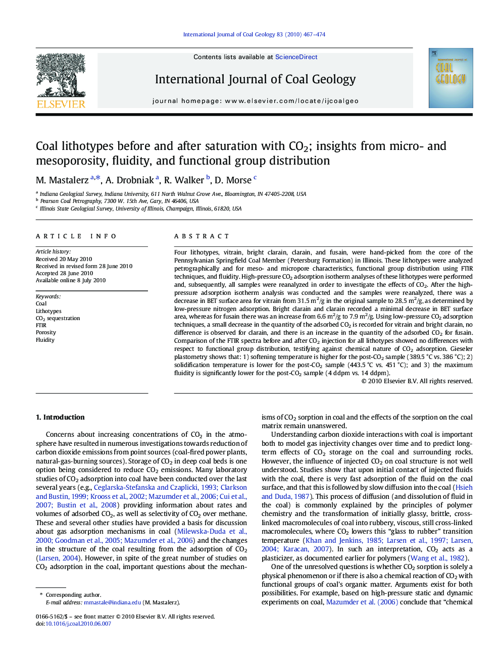 Coal lithotypes before and after saturation with CO2; insights from micro- and mesoporosity, fluidity, and functional group distribution