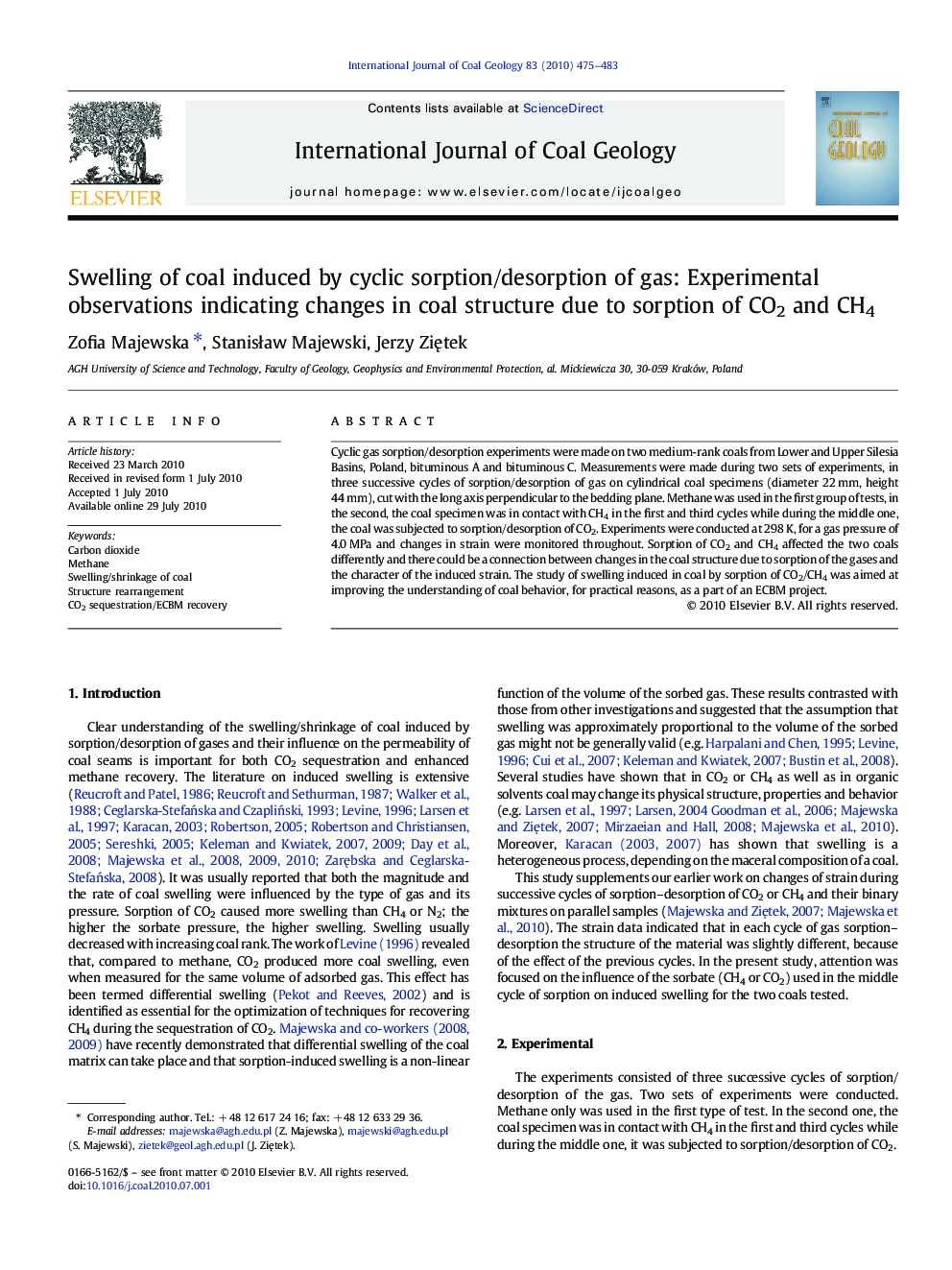 Swelling of coal induced by cyclic sorption/desorption of gas: Experimental observations indicating changes in coal structure due to sorption of CO2 and CH4