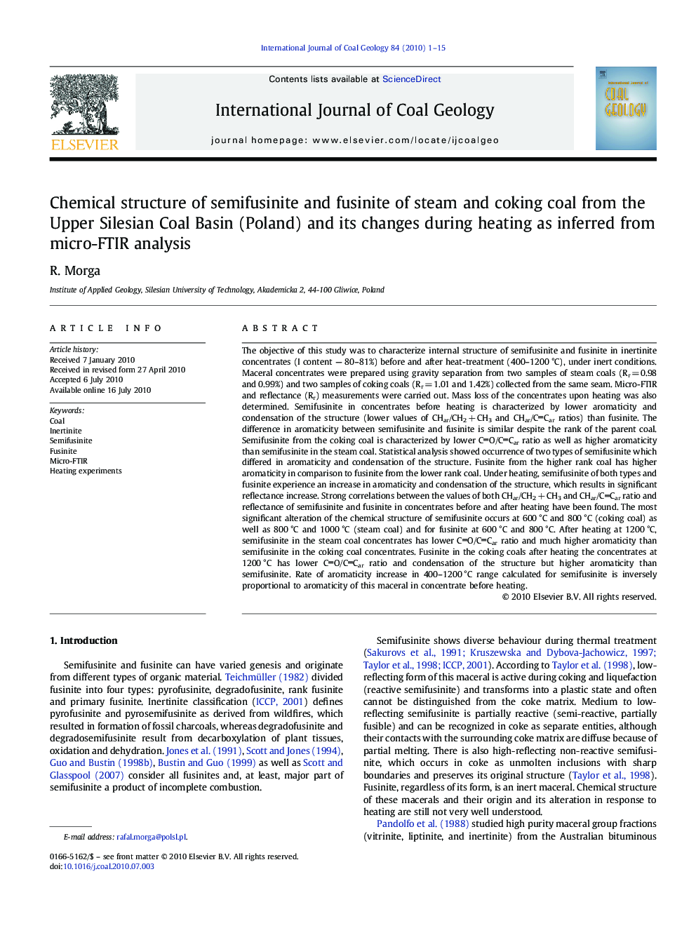 Chemical structure of semifusinite and fusinite of steam and coking coal from the Upper Silesian Coal Basin (Poland) and its changes during heating as inferred from micro-FTIR analysis