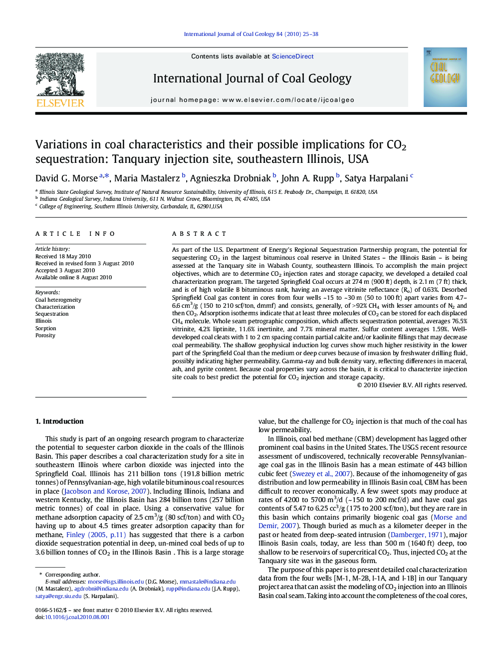 Variations in coal characteristics and their possible implications for CO2 sequestration: Tanquary injection site, southeastern Illinois, USA