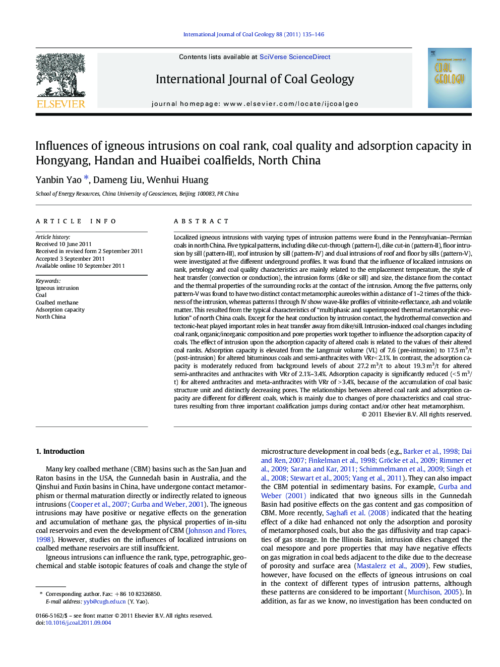 Influences of igneous intrusions on coal rank, coal quality and adsorption capacity in Hongyang, Handan and Huaibei coalfields, North China