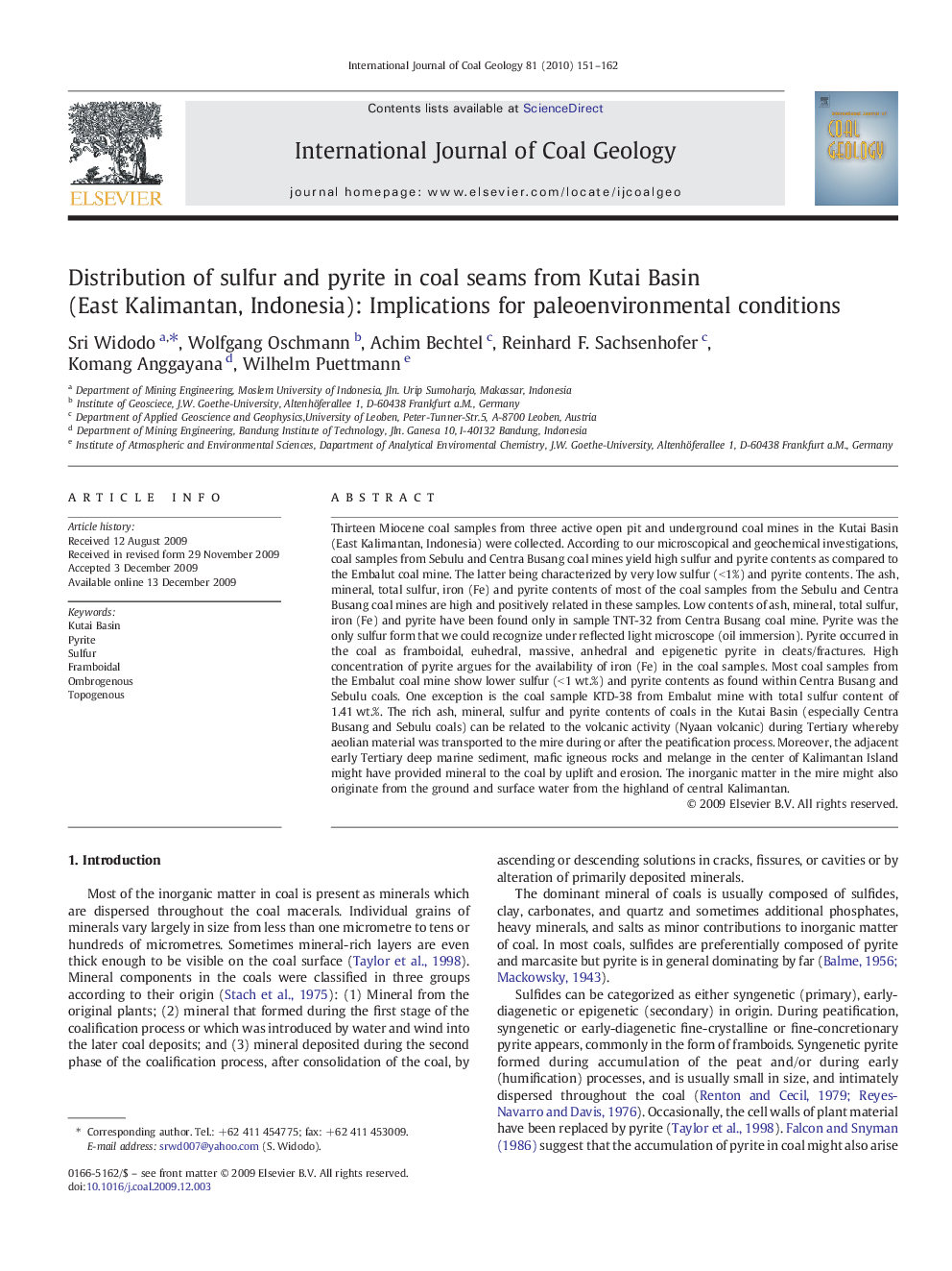 Distribution of sulfur and pyrite in coal seams from Kutai Basin (East Kalimantan, Indonesia): Implications for paleoenvironmental conditions