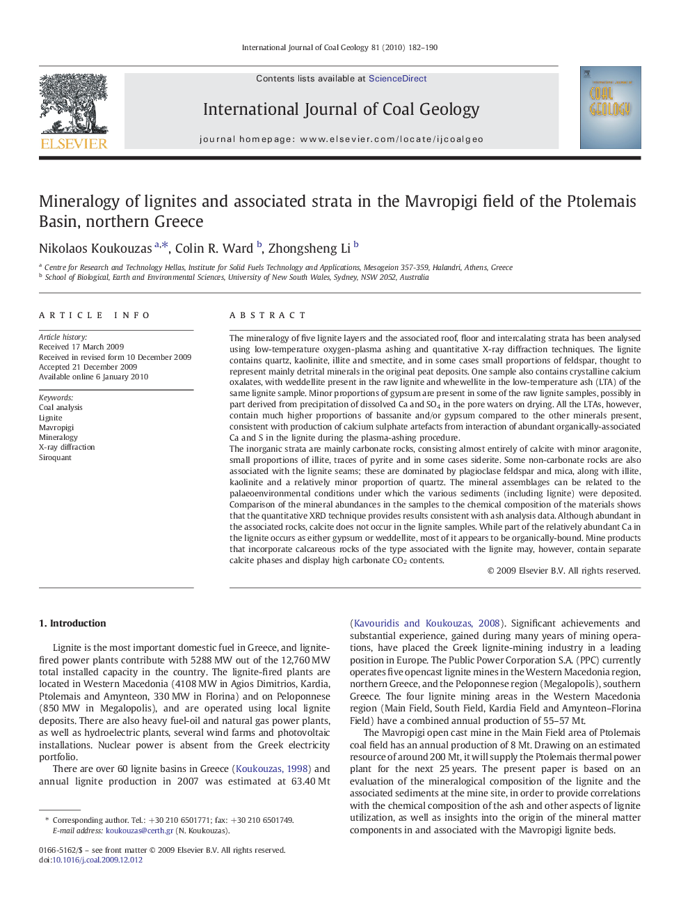 Mineralogy of lignites and associated strata in the Mavropigi field of the Ptolemais Basin, northern Greece