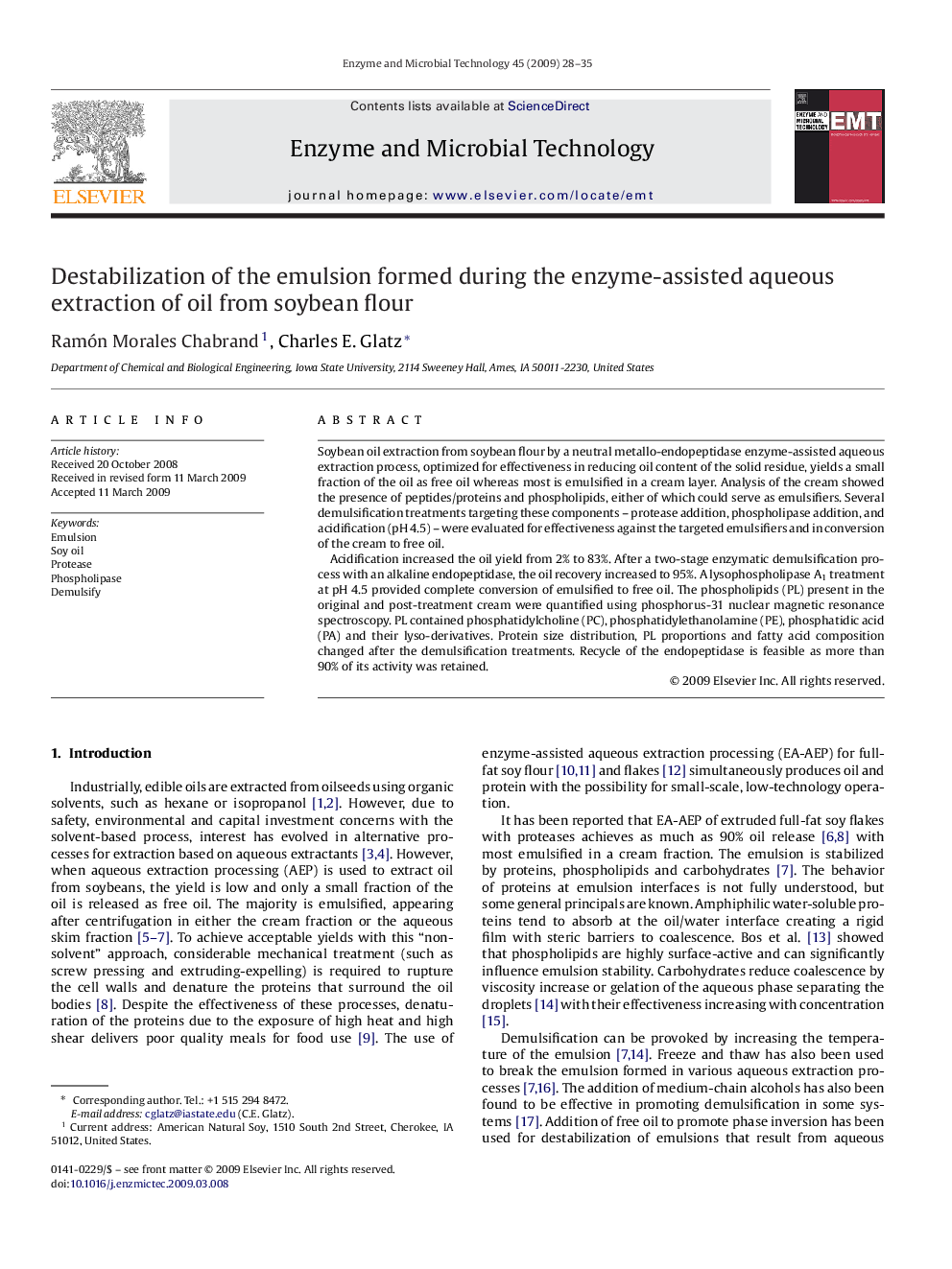 Destabilization of the emulsion formed during the enzyme-assisted aqueous extraction of oil from soybean flour