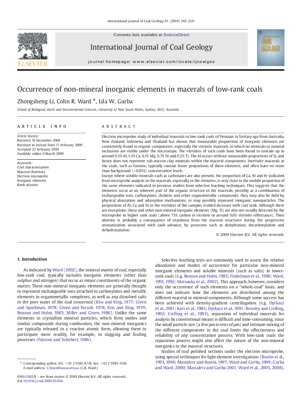 Occurrence of non-mineral inorganic elements in macerals of low-rank coals