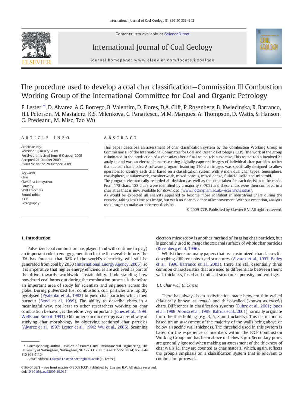 The procedure used to develop a coal char classification—Commission III Combustion Working Group of the International Committee for Coal and Organic Petrology