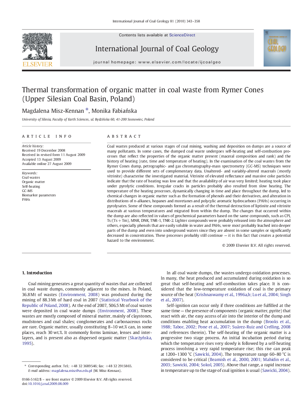 Thermal transformation of organic matter in coal waste from Rymer Cones (Upper Silesian Coal Basin, Poland)