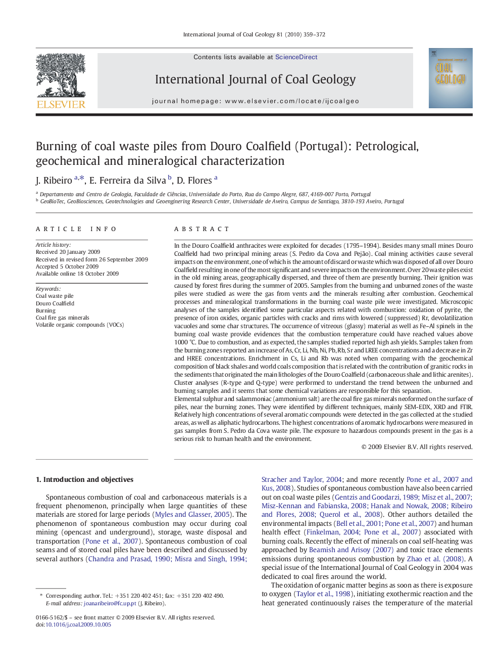 Burning of coal waste piles from Douro Coalfield (Portugal): Petrological, geochemical and mineralogical characterization