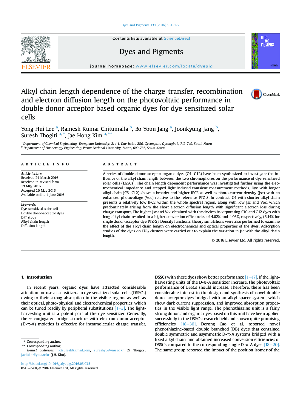 Alkyl chain length dependence of the charge-transfer, recombination and electron diffusion length on the photovoltaic performance in double donor-acceptor-based organic dyes for dye sensitized solar cells