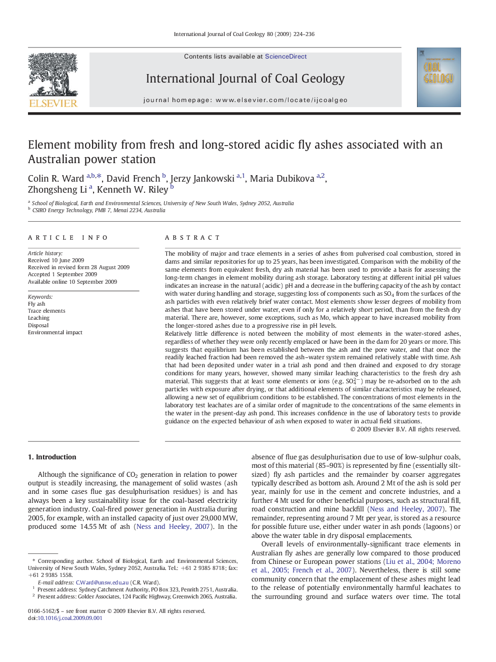 Element mobility from fresh and long-stored acidic fly ashes associated with an Australian power station