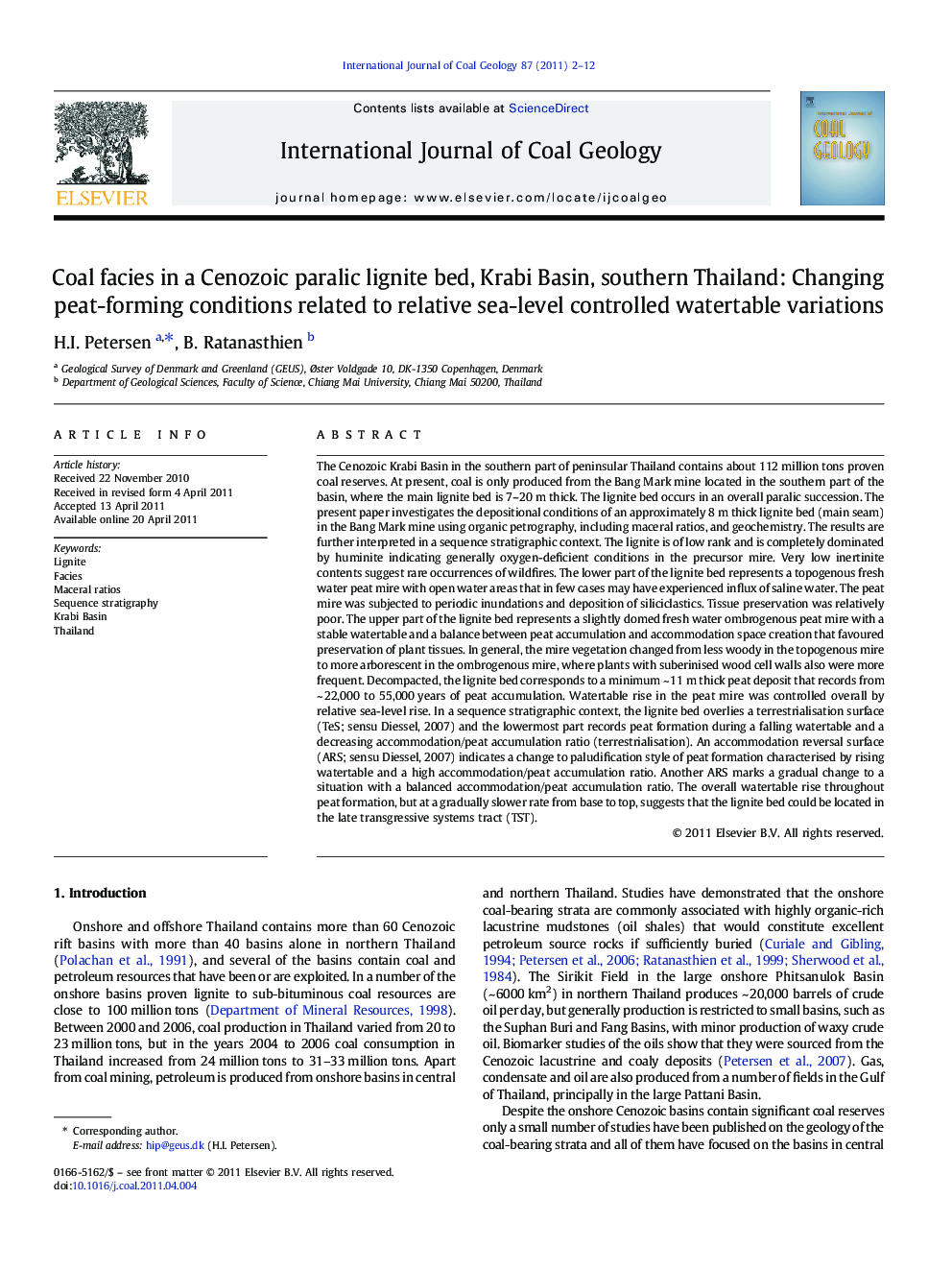 Coal facies in a Cenozoic paralic lignite bed, Krabi Basin, southern Thailand: Changing peat-forming conditions related to relative sea-level controlled watertable variations