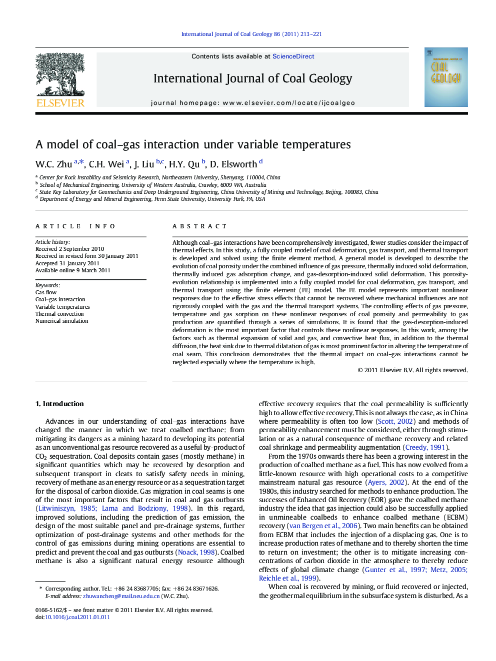 A model of coal–gas interaction under variable temperatures