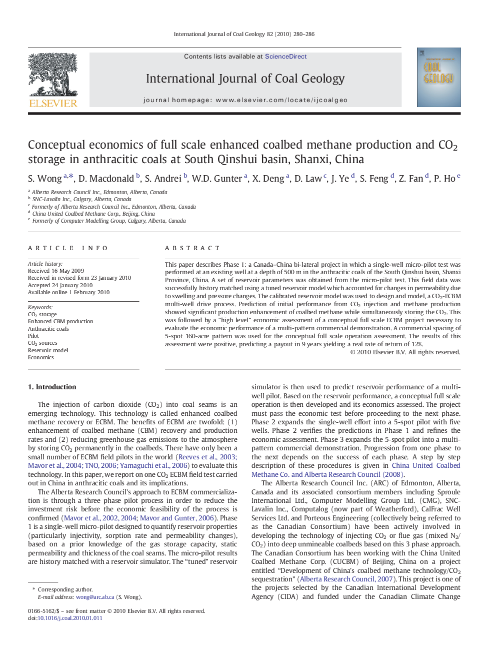 Conceptual economics of full scale enhanced coalbed methane production and CO2 storage in anthracitic coals at South Qinshui basin, Shanxi, China