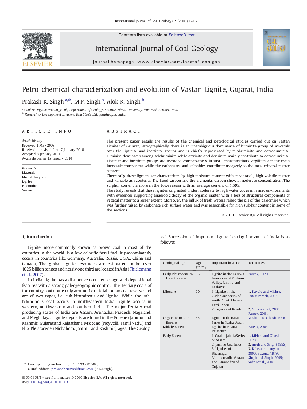 Petro-chemical characterization and evolution of Vastan Lignite, Gujarat, India