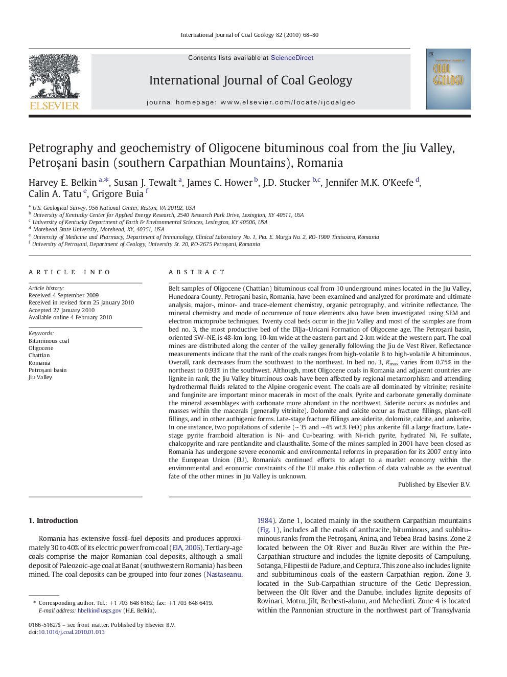 Petrography and geochemistry of Oligocene bituminous coal from the Jiu Valley, PetroÅani basin (southern Carpathian Mountains), Romania