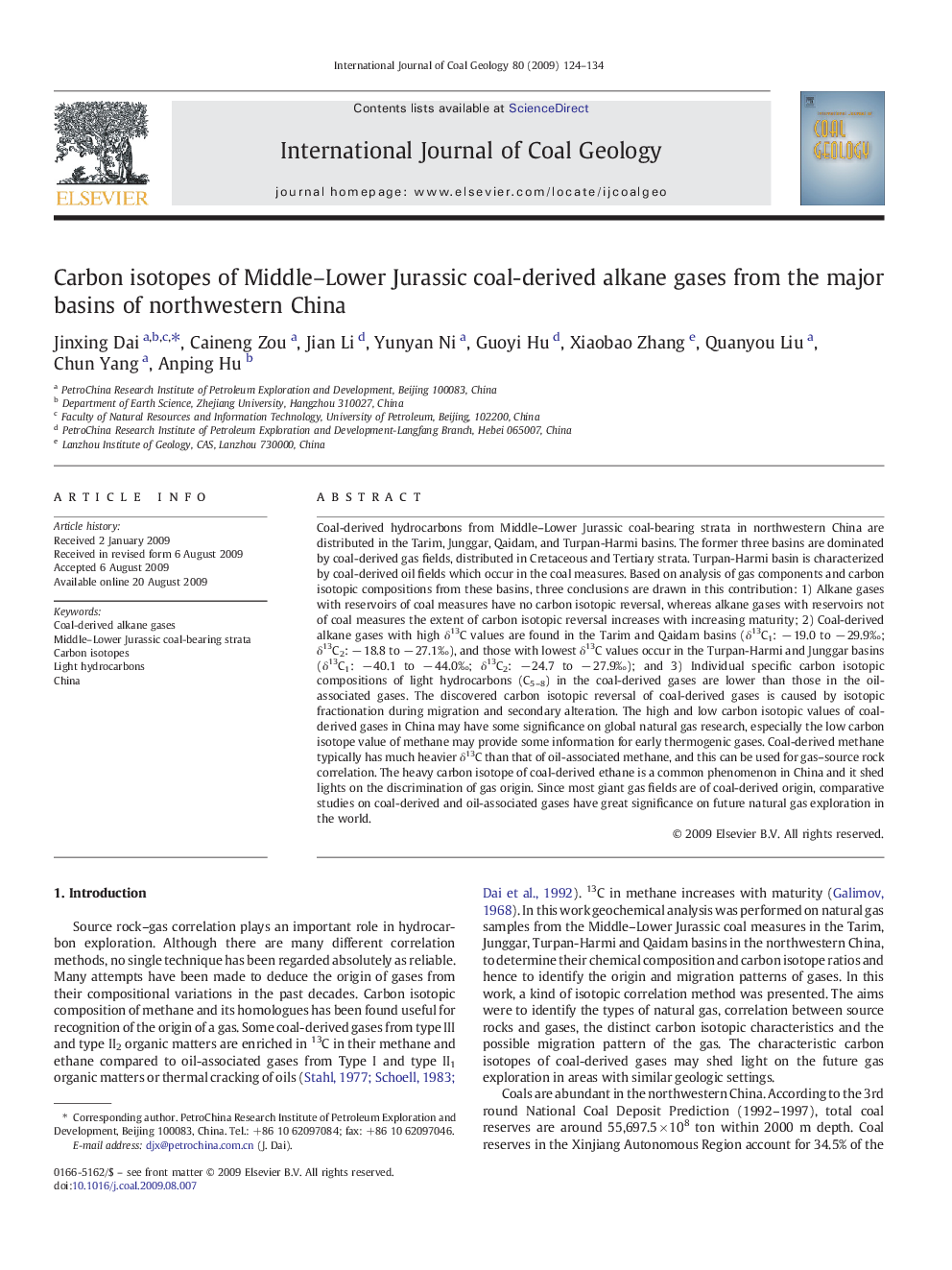 Carbon isotopes of Middle–Lower Jurassic coal-derived alkane gases from the major basins of northwestern China