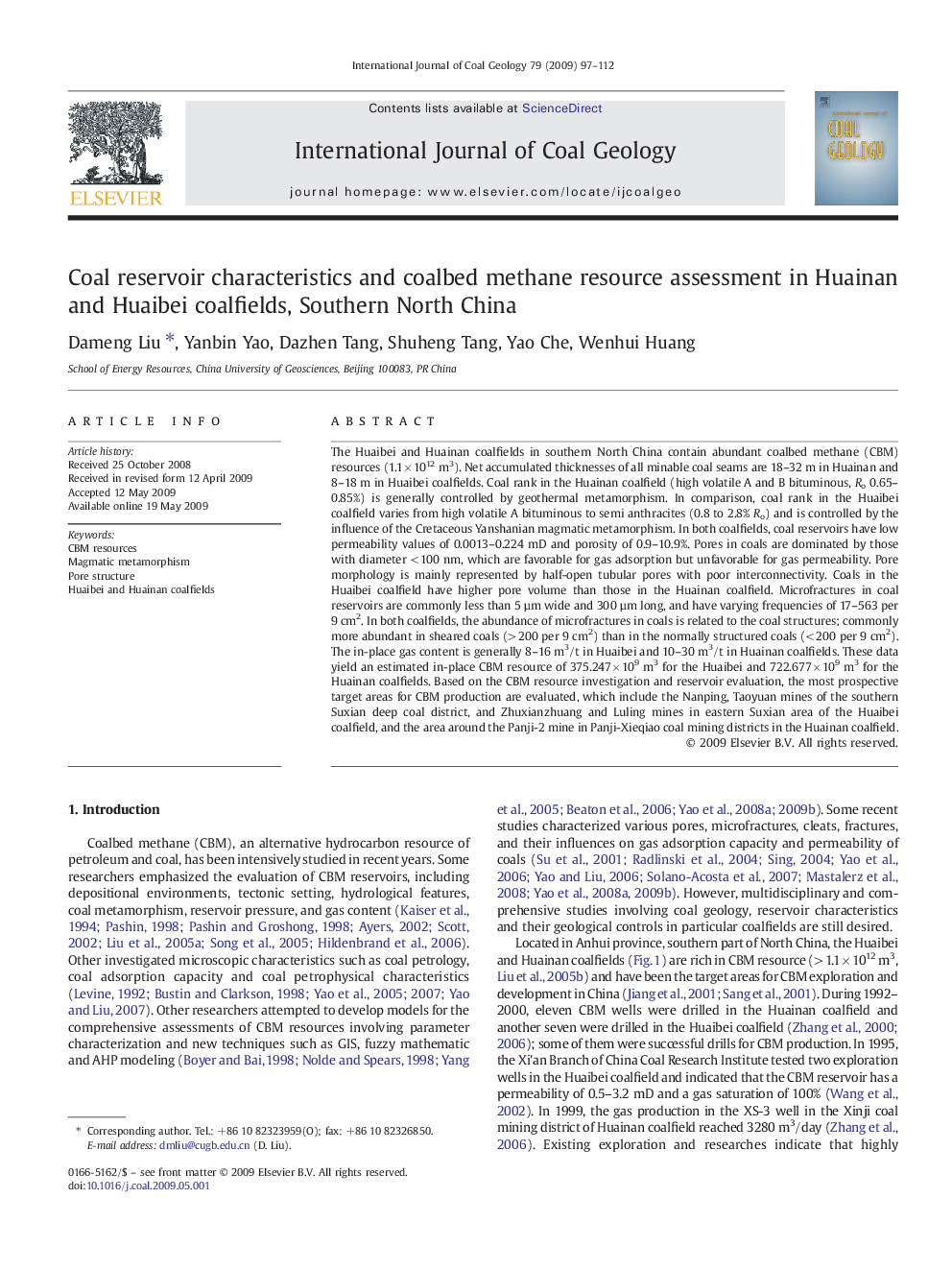 Coal reservoir characteristics and coalbed methane resource assessment in Huainan and Huaibei coalfields, Southern North China