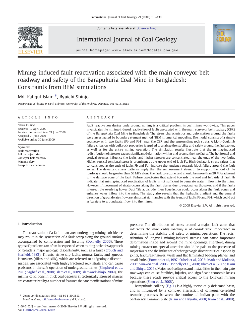 Mining-induced fault reactivation associated with the main conveyor belt roadway and safety of the Barapukuria Coal Mine in Bangladesh: Constraints from BEM simulations