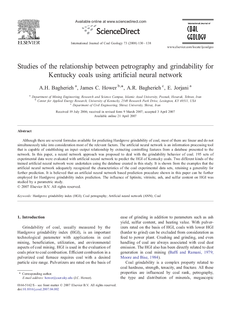 Studies of the relationship between petrography and grindability for Kentucky coals using artificial neural network