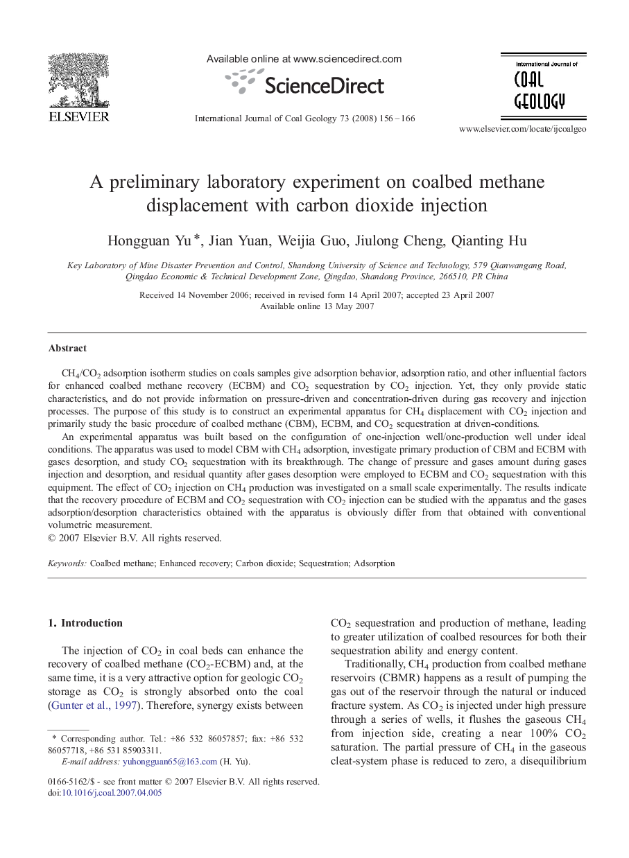 A preliminary laboratory experiment on coalbed methane displacement with carbon dioxide injection