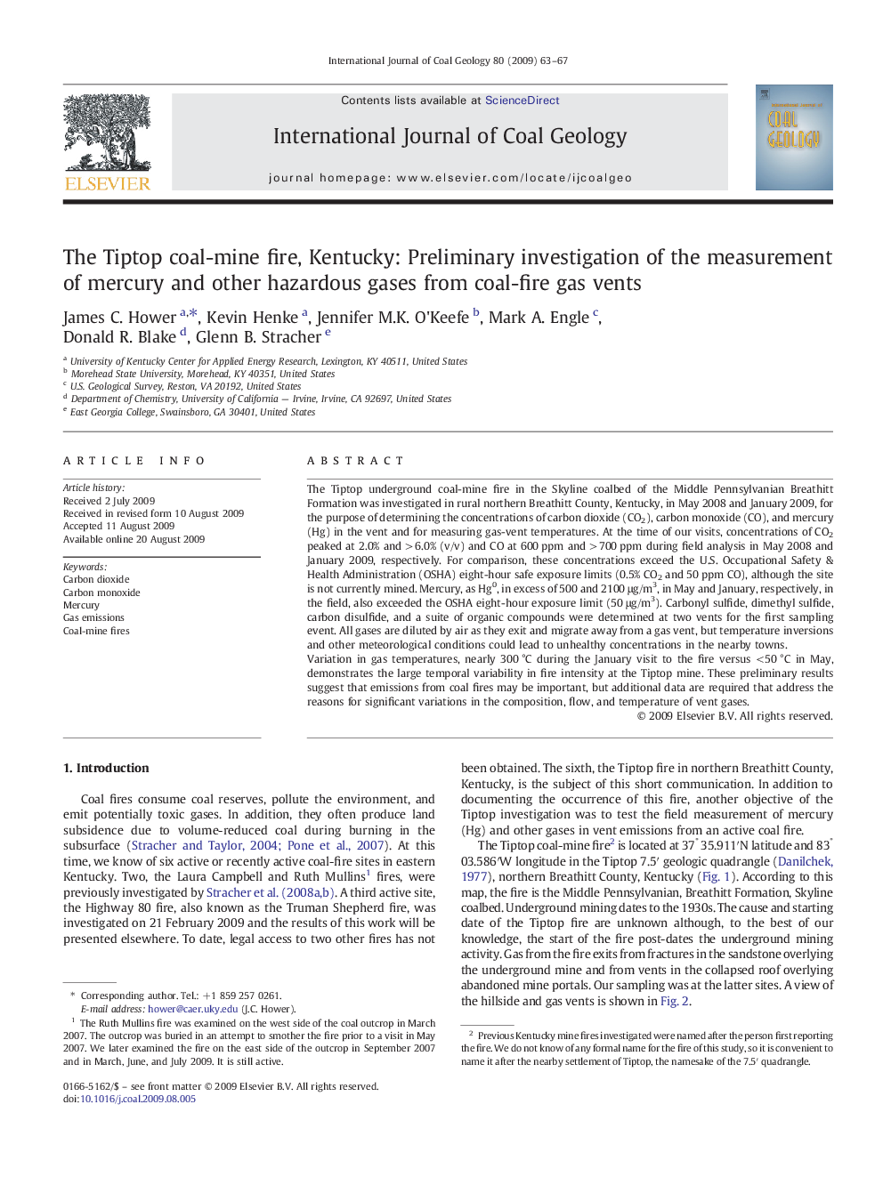 The Tiptop coal-mine fire, Kentucky: Preliminary investigation of the measurement of mercury and other hazardous gases from coal-fire gas vents