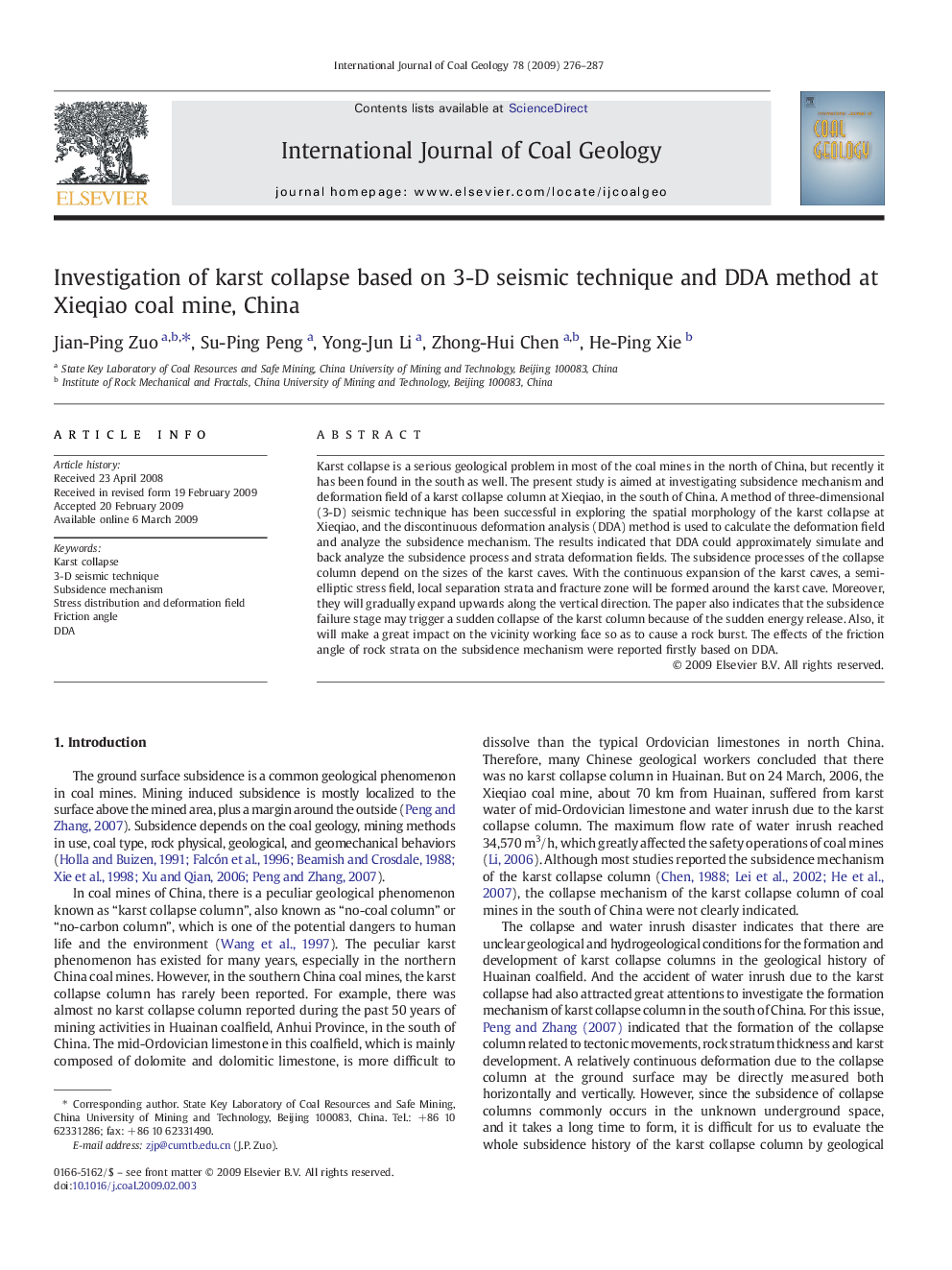 Investigation of karst collapse based on 3-D seismic technique and DDA method at Xieqiao coal mine, China