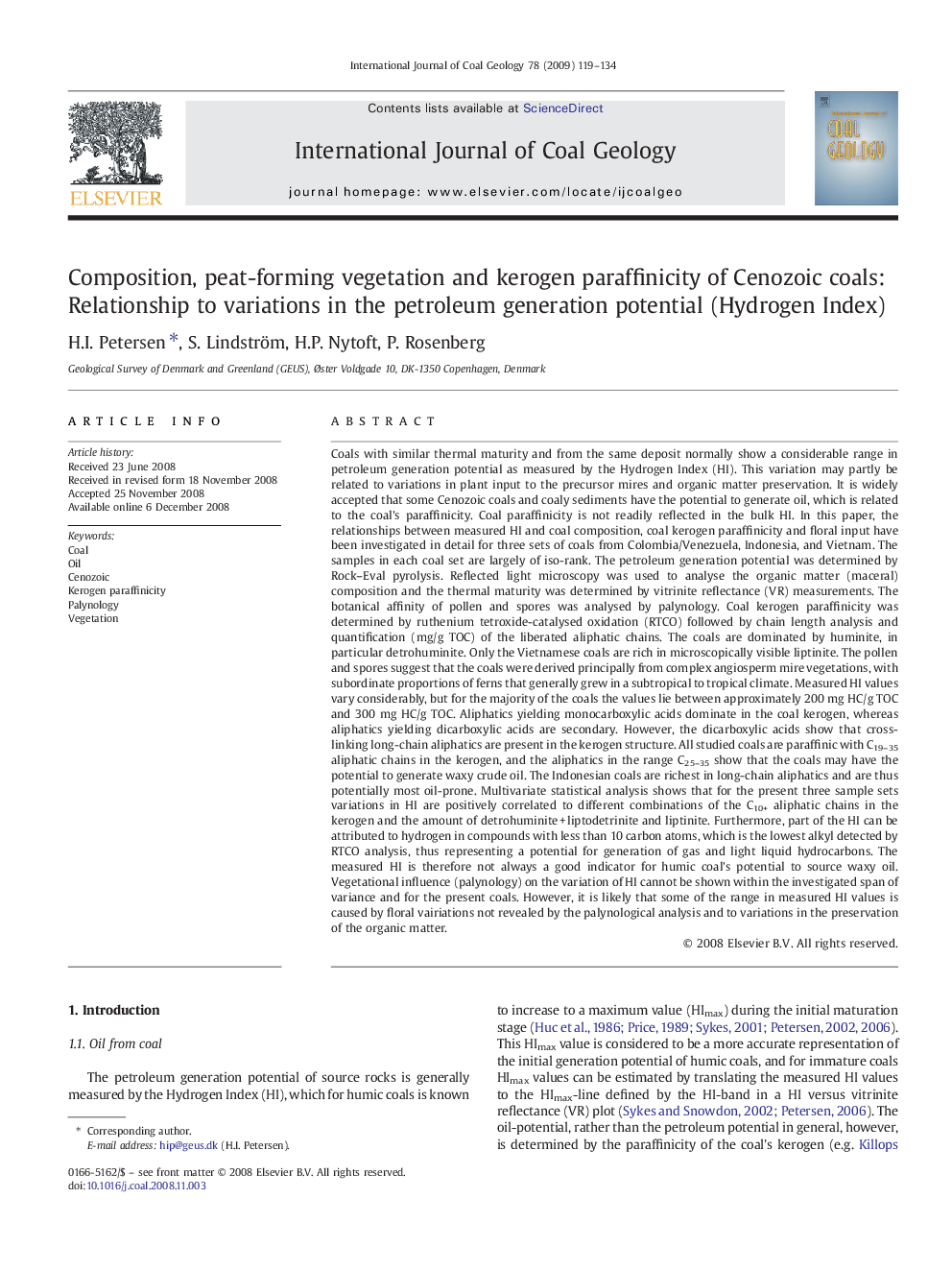 Composition, peat-forming vegetation and kerogen paraffinicity of Cenozoic coals: Relationship to variations in the petroleum generation potential (Hydrogen Index)