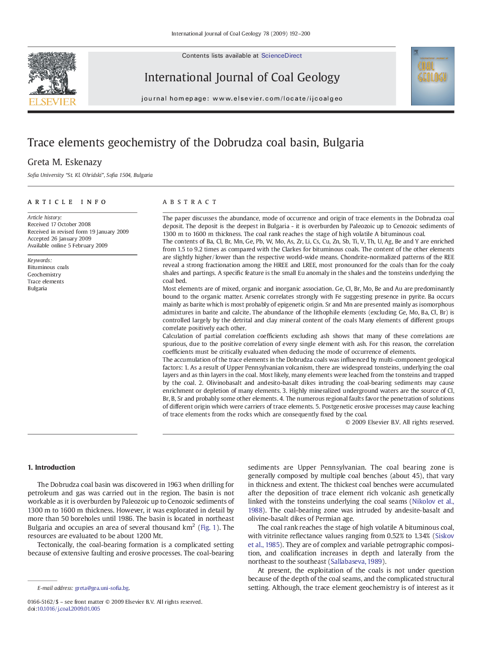 Trace elements geochemistry of the Dobrudza coal basin, Bulgaria