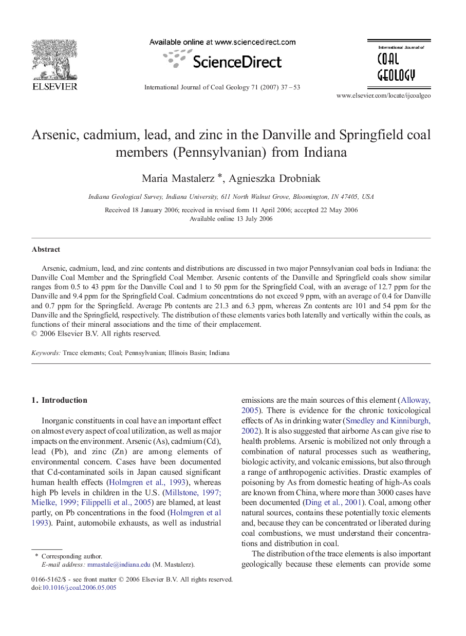 Arsenic, cadmium, lead, and zinc in the Danville and Springfield coal members (Pennsylvanian) from Indiana