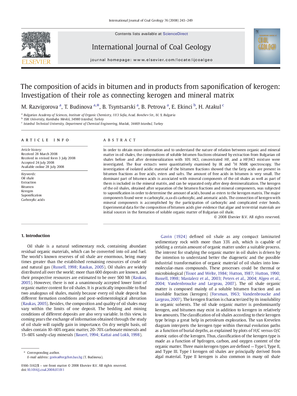 The composition of acids in bitumen and in products from saponification of kerogen: Investigation of their role as connecting kerogen and mineral matrix