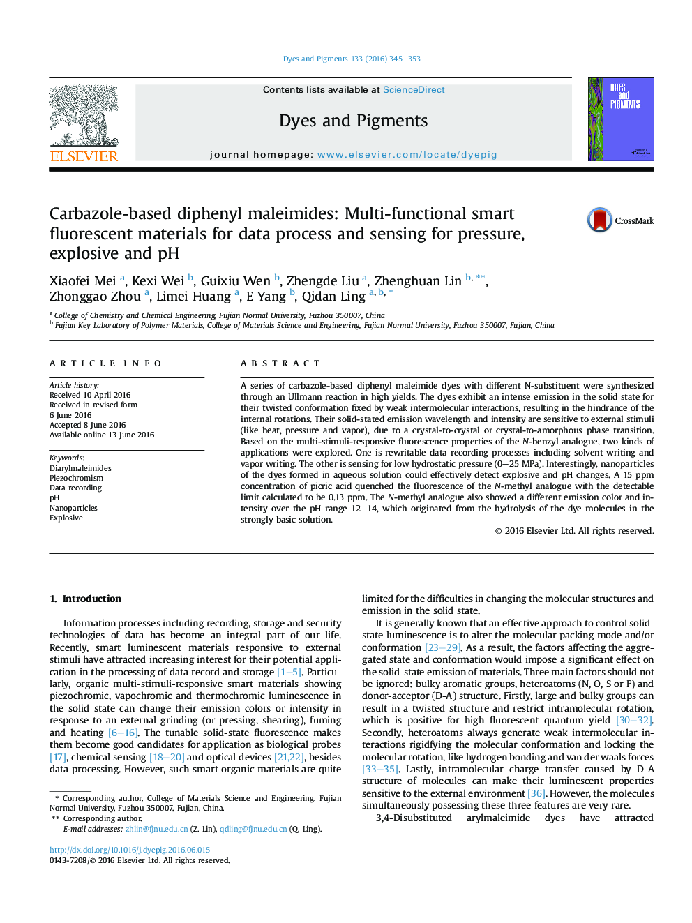 Carbazole-based diphenyl maleimides: Multi-functional smart fluorescent materials for data process and sensing for pressure, explosive and pH