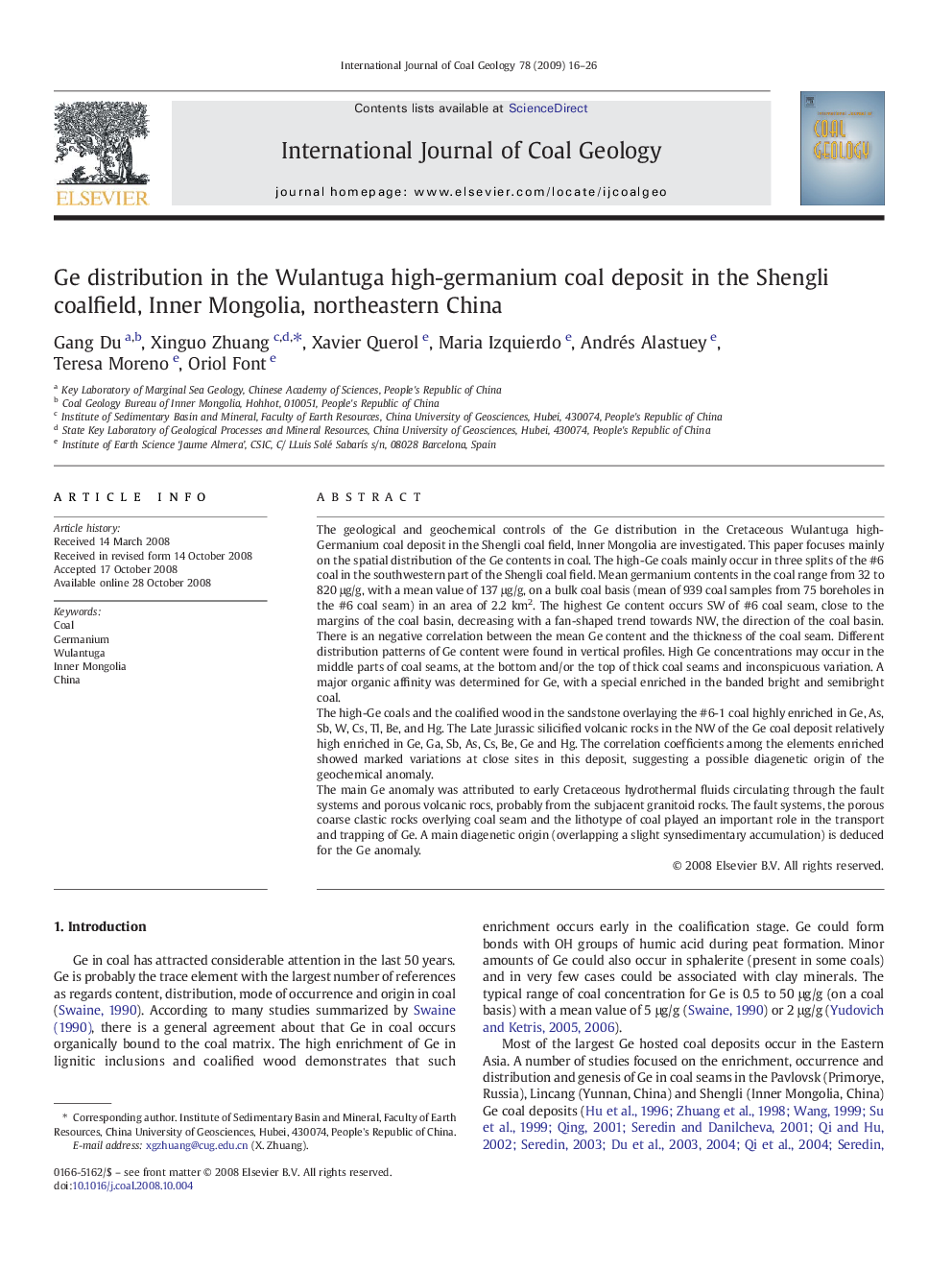 Ge distribution in the Wulantuga high-germanium coal deposit in the Shengli coalfield, Inner Mongolia, northeastern China