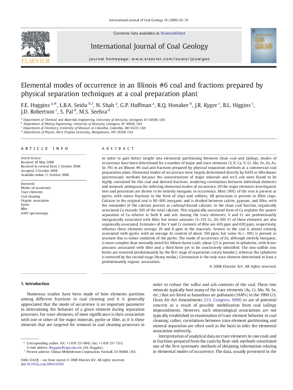 Elemental modes of occurrence in an Illinois #6 coal and fractions prepared by physical separation techniques at a coal preparation plant