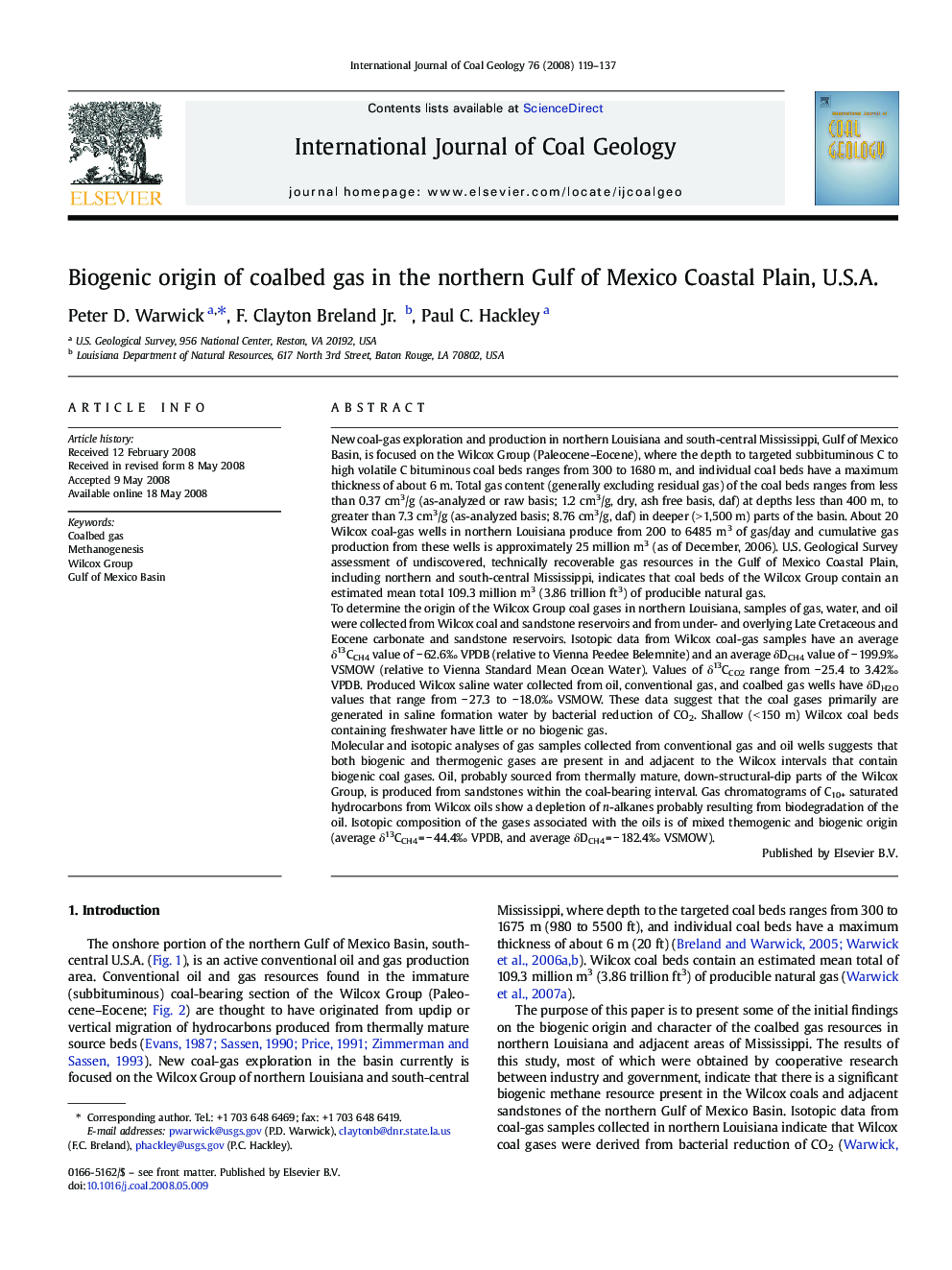 Biogenic origin of coalbed gas in the northern Gulf of Mexico Coastal Plain, U.S.A.