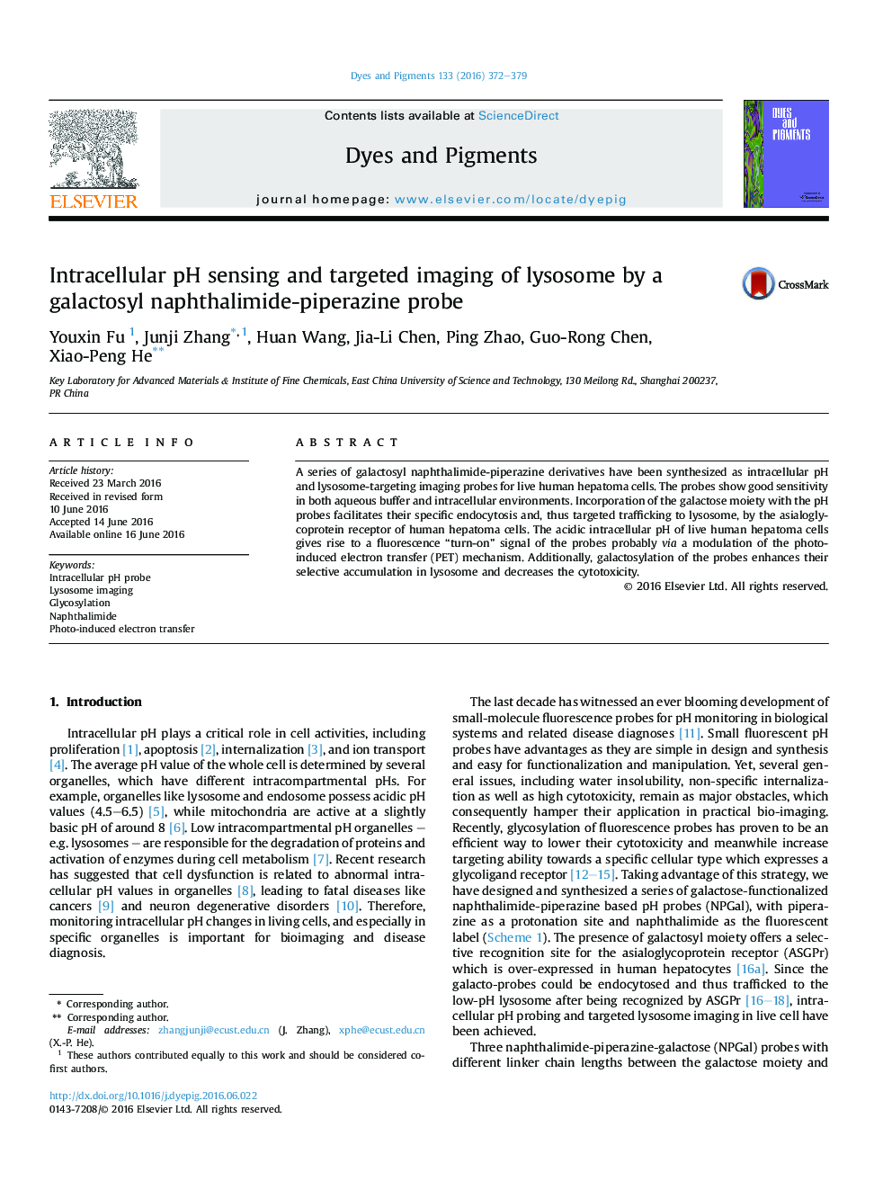 Intracellular pH sensing and targeted imaging of lysosome by a galactosyl naphthalimide-piperazine probe